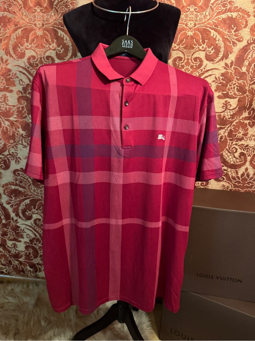 Burberry Men’s Pink and Red Plaid Polo Shirt